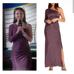 ADRIANNA PAPELL one sleeve slit purple glitter gown special occasion Small